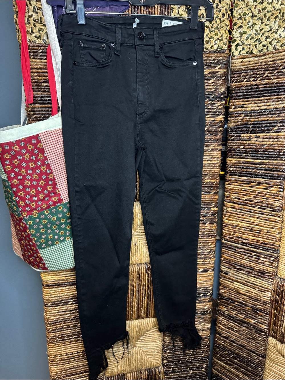 rag & bone Black High-Rise Cropped Skinny Jeans with Frayed Hem